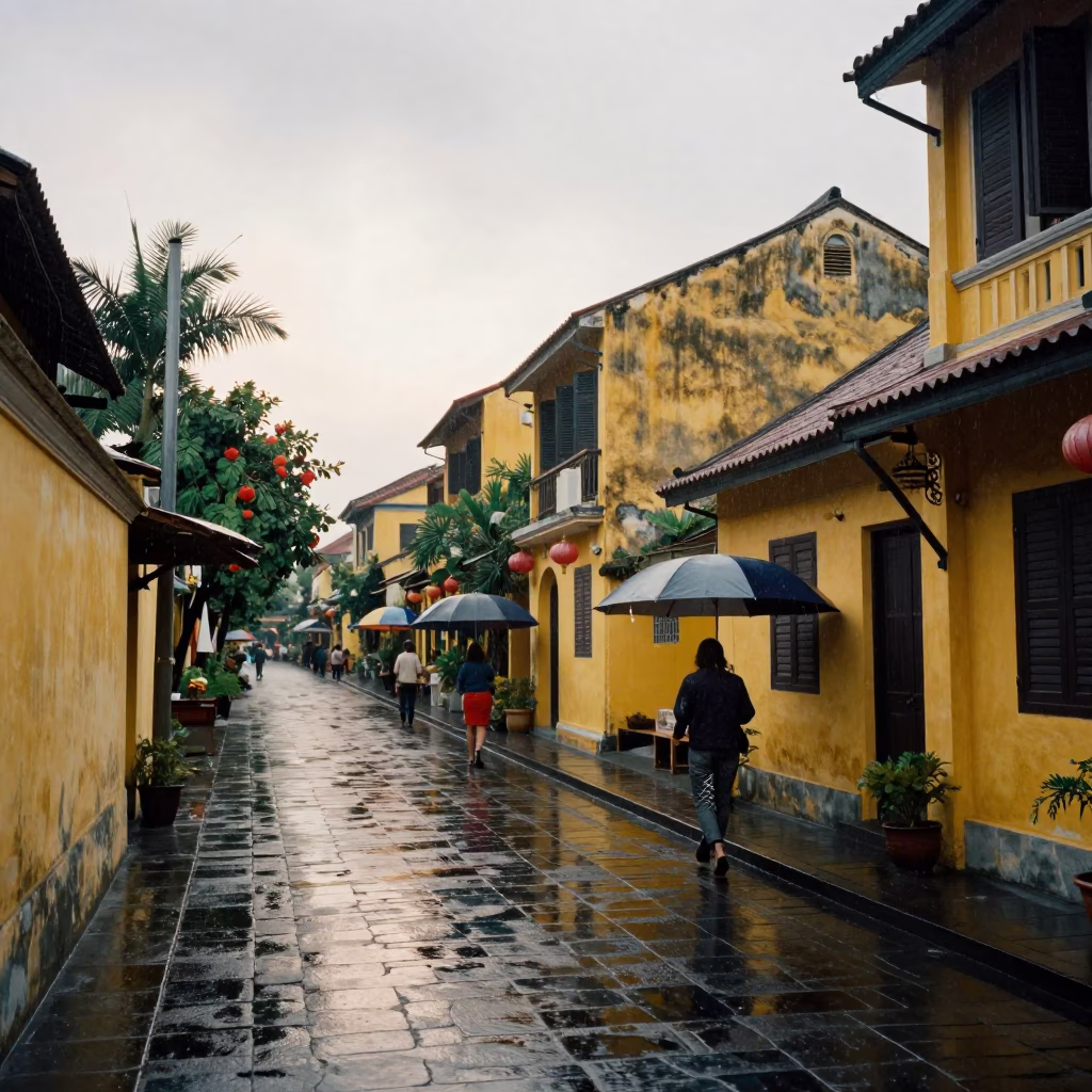 Rain washed alleyway with yellow walls and umbrellas in Hoi An Vietnam in in Hoi An, Vietnam