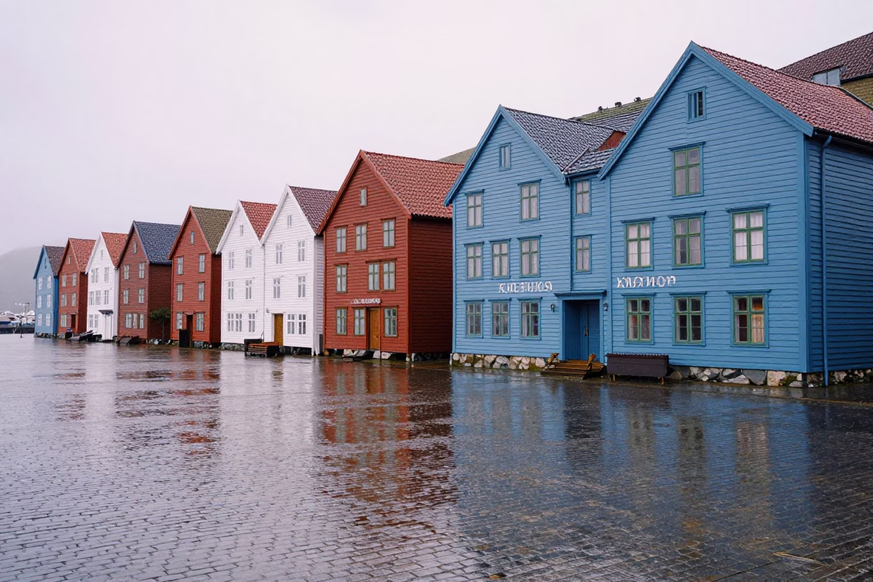 Rain washed Bryggen wharf first light Bergen Norway in in Bergen, Norway