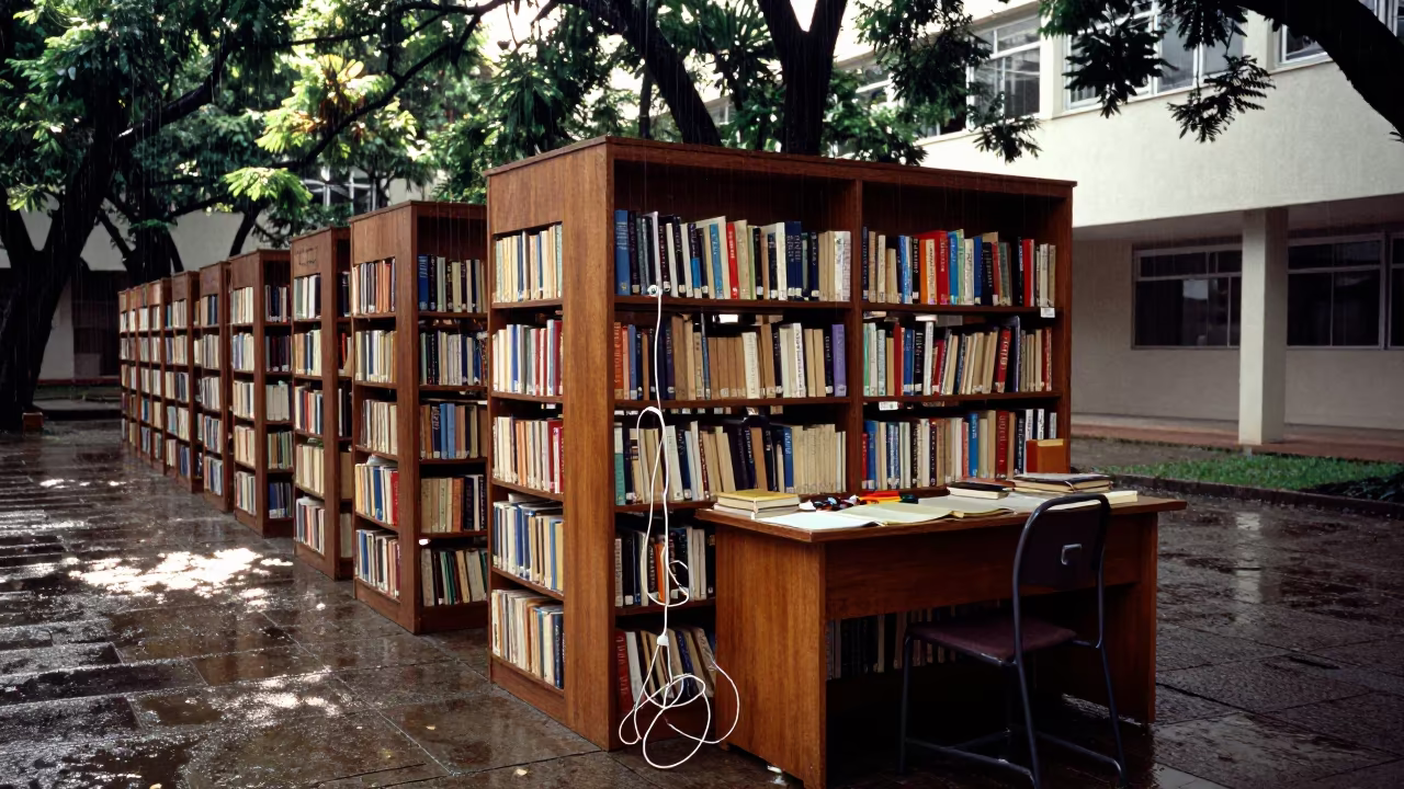 Rain-Washed Campus Library Study Carrel Recife in across a rain-washed campus courtyard in Recife