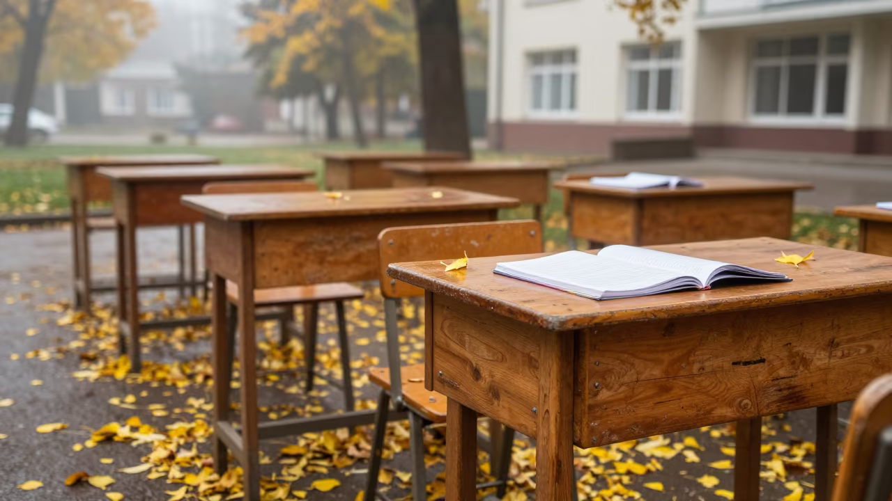 Rain-Washed Campus Quad with Yellow Leaves in across a rain-washed campus courtyard near Bingöl