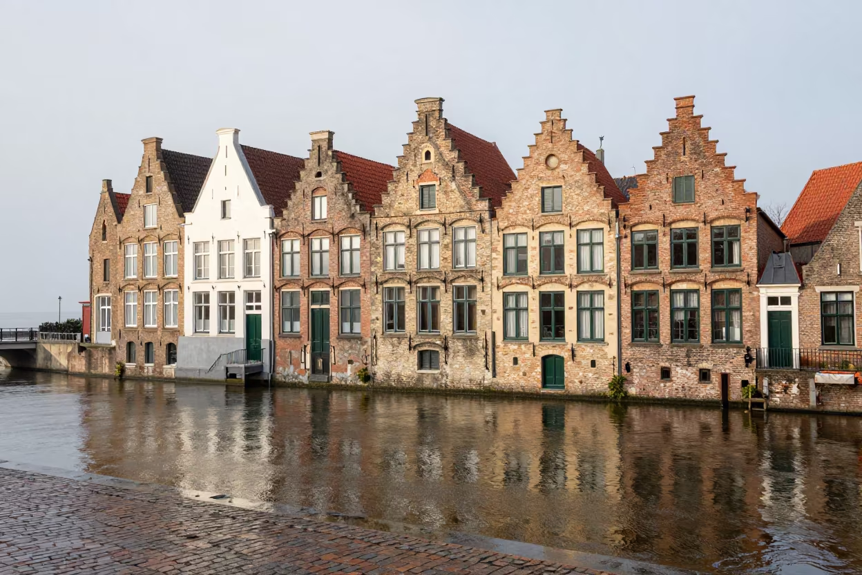 Rain-Washed Canal Houses in Spanish Sea Haze in in Spain