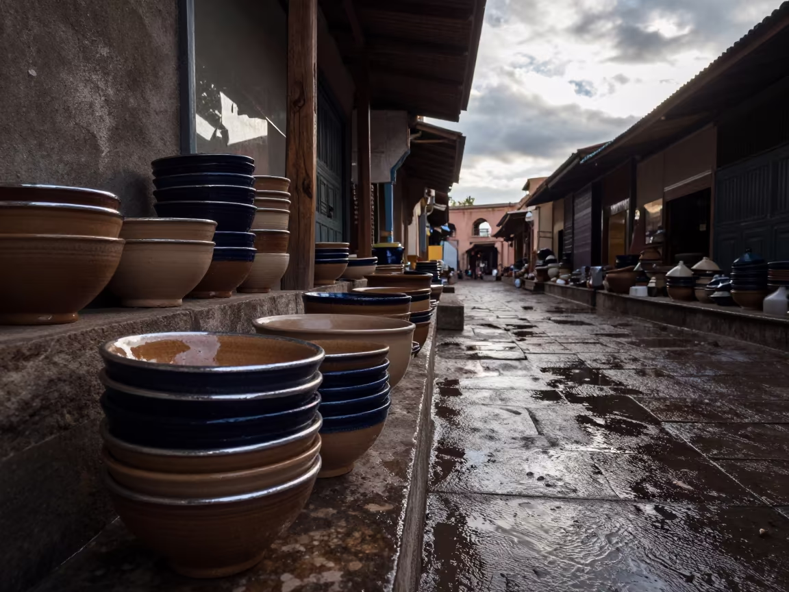 Rain-Washed Ceramic Bowls in Meknes Bazaar in in a covered bazaar aisle in Meknes