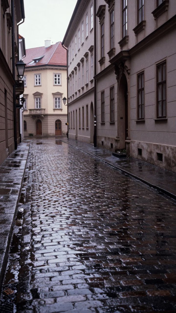 Rain Washed Cobblestones and Reflections in Historic Vienna First Light in in Vienna, Austria