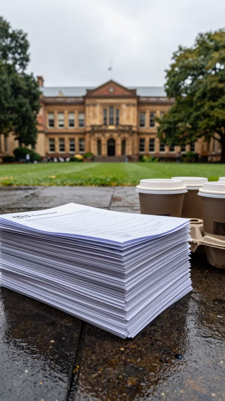Rain Washed Courtyard Coffee and Course Packets in across a rain-washed campus courtyard in Hobart