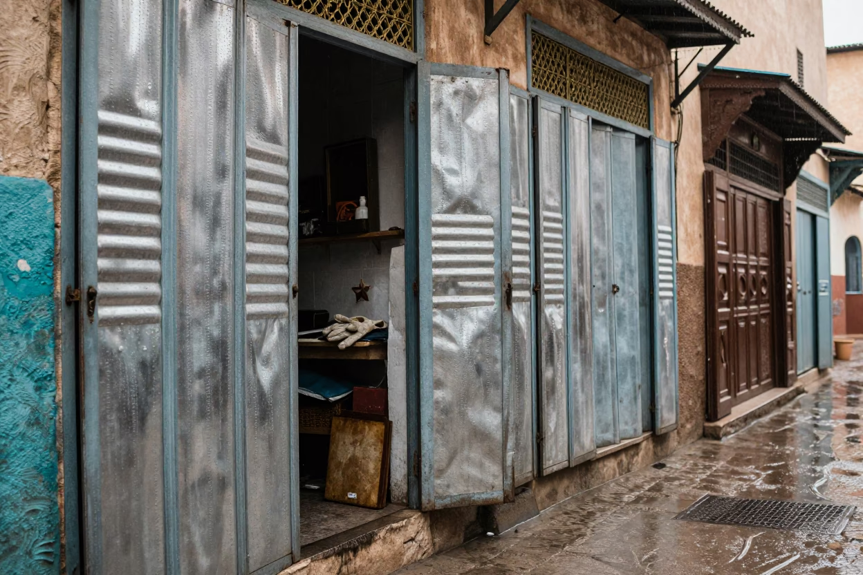 Rain-washed Fez alley with zinc shutters and brass work details in in Fez, Morocco