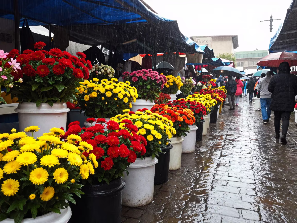 Rain Washed Flower Buckets in Tacna Market Lane in in a flea market lane in Tacna