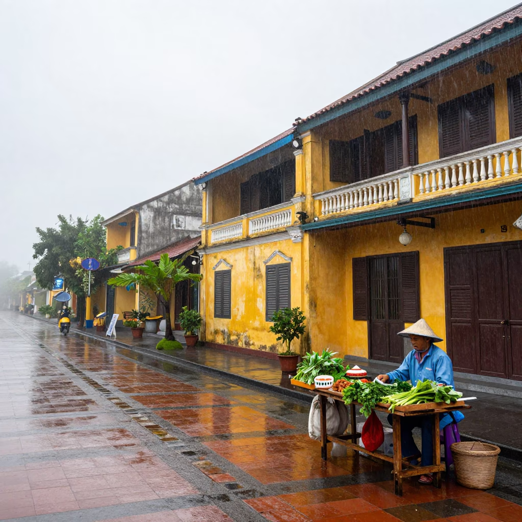 Rain washed Hoi An street with wet tiles and morning light in in Hoi An, Vietnam