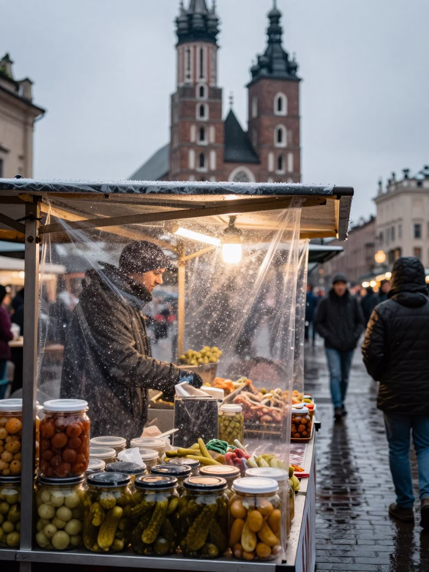 Rain washed Krakow street corner vendor stall with condensation on glass in in Krakow, Poland