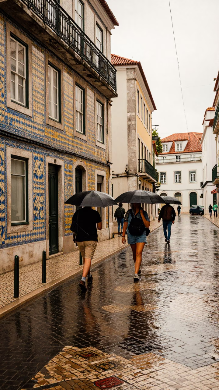 Rain washed Lisbon street scene with colorful vintage 1980s details in in Lisbon, Portugal
