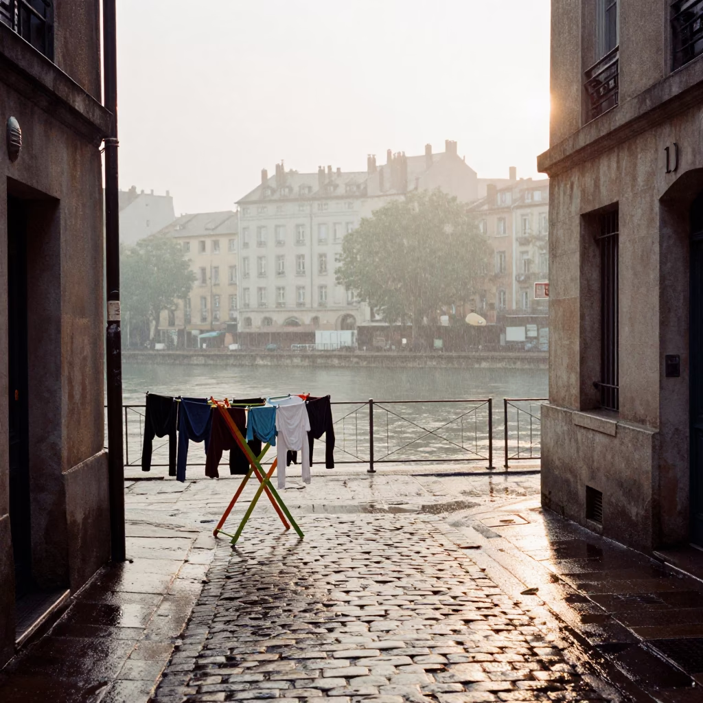 Rain washed Lyon street corner with drying laundry and vintage bicycle in in Lyon, France