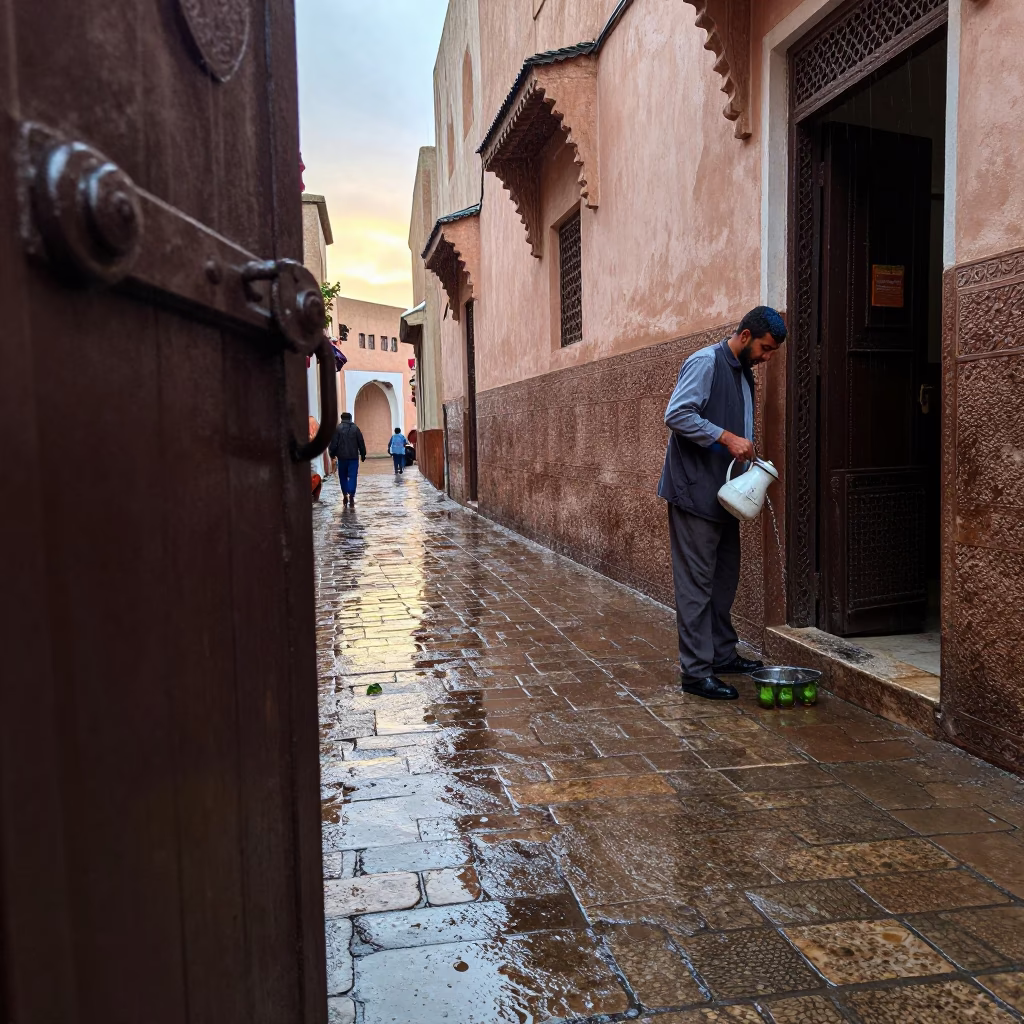 Rain washed Marrakech street scene with iron deadbolt and enamel pitcher in in Marrakech, Morocco