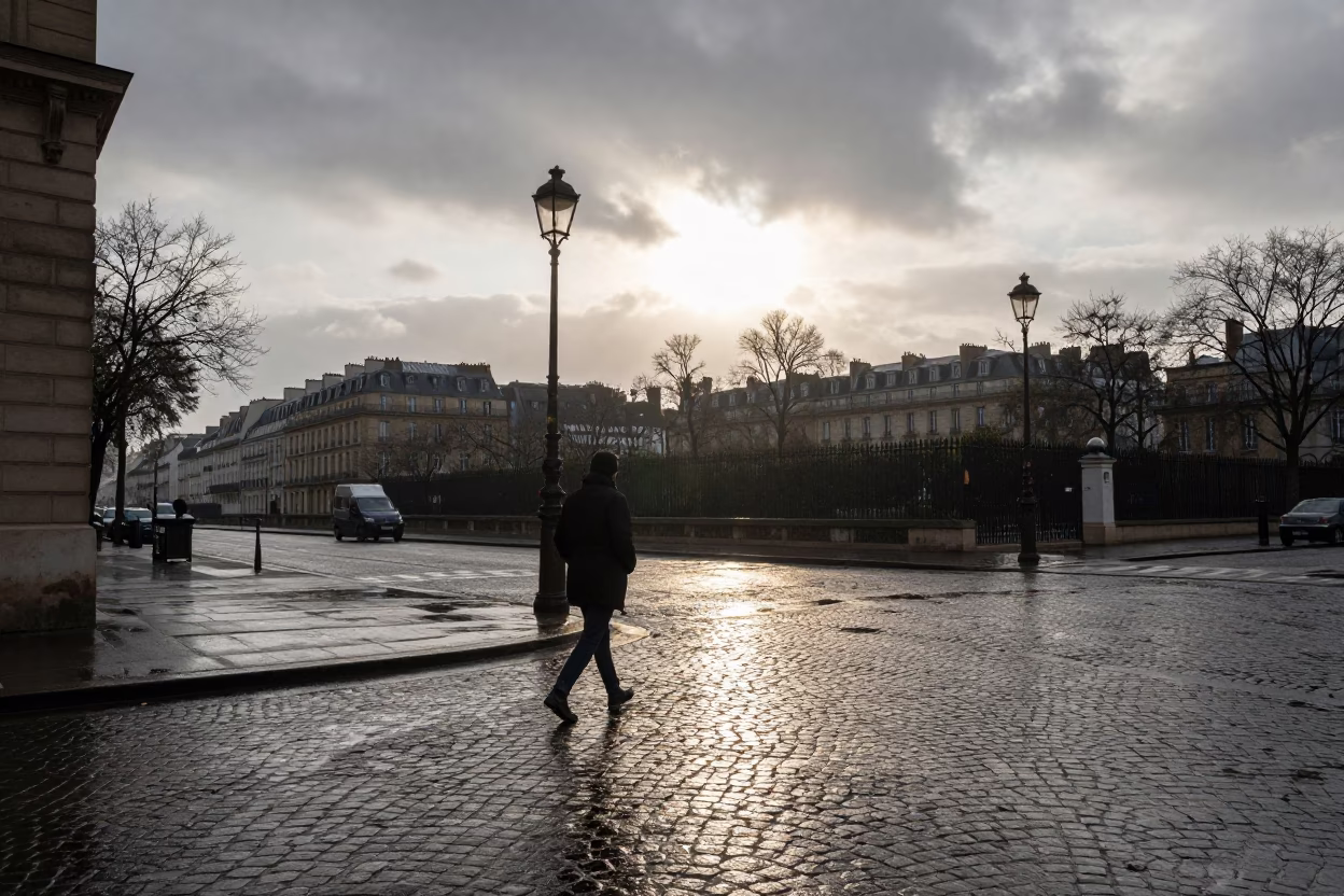 Rain washed Paris street corner first light reflecting wet cobblestones in in Paris, France