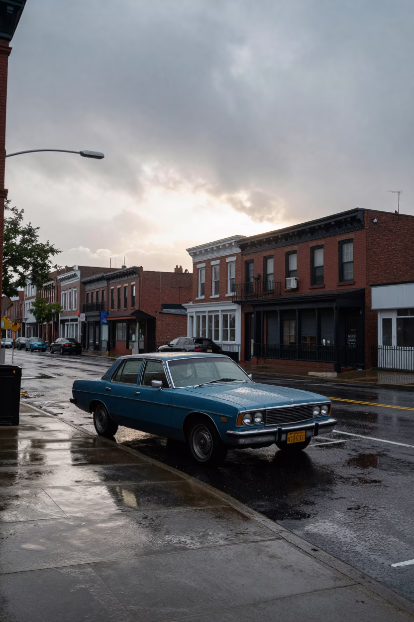 Rain washed Philadelphia street corner with vintage car and wet pavement in in Philadelphia, Pennsylvania, United States