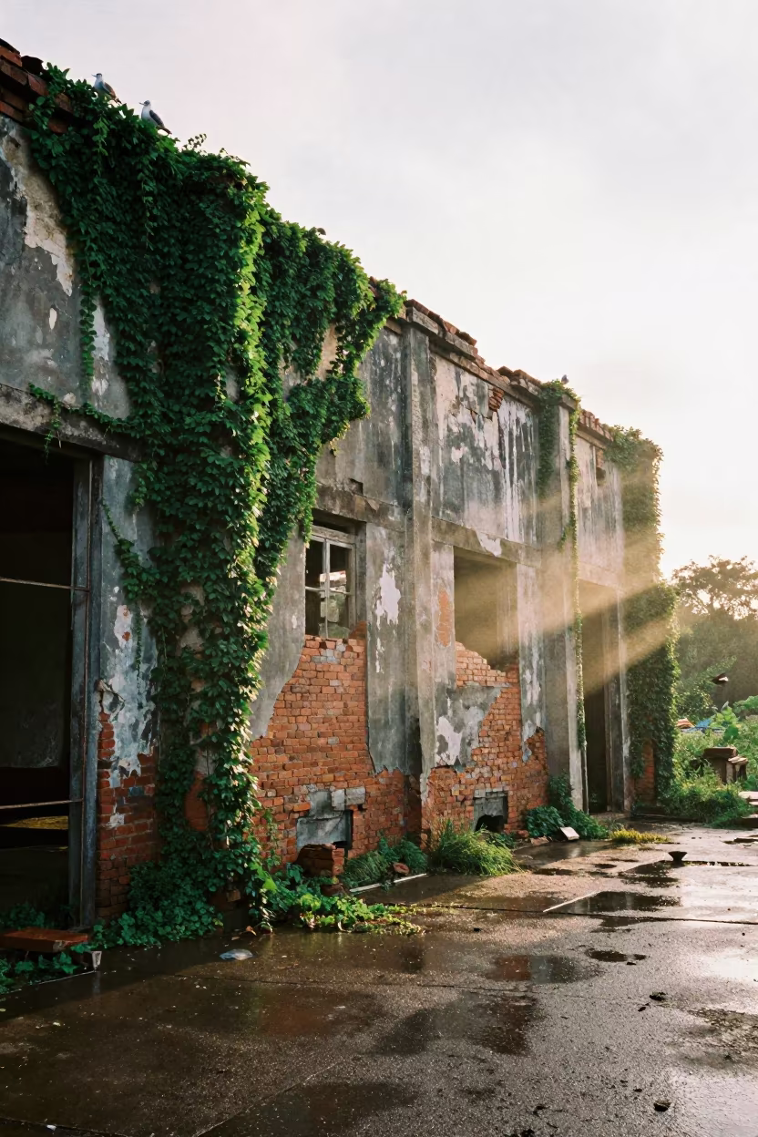 Rain-Washed Pier Warehouse Ruin Vietnam in beside ivy-draped masonry in Vietnam