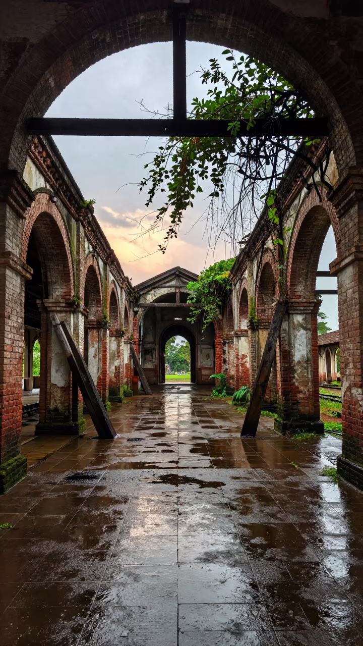 Rain-Washed Ruin in Cameroonian Court in through an abandoned ceremonial court in Cameroon