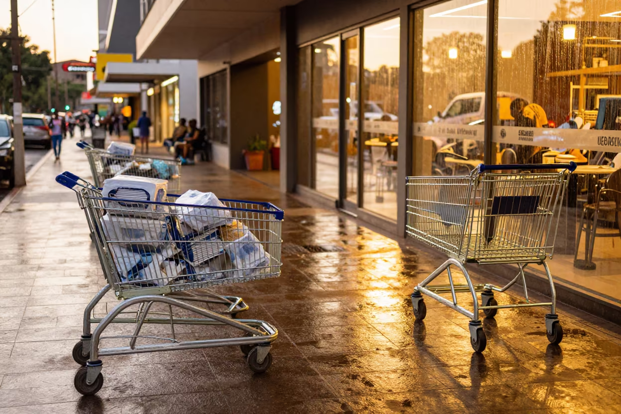 Rain-Washed Shopping Cart Corral on Gaborone High Street in outside display windows on a wet high street in Gaborone
