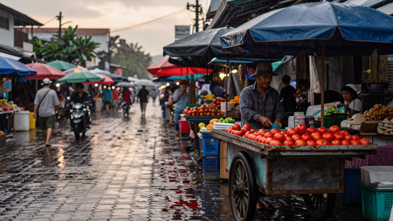 Rain Washed Street Corner in Phuket Thailand Early Morning Market Scene in in Phuket, Thailand