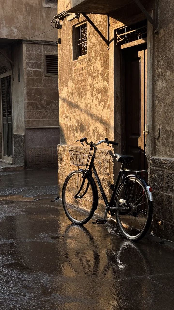 Rain washed streets of Cairo Egypt at dawn with bicycle and laundry in in Cairo, Egypt