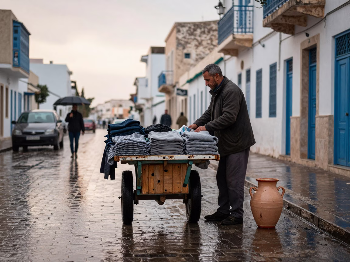 Rain washed streets of Tunis Tunisia first light candid street scene in in Tunis, Tunisia