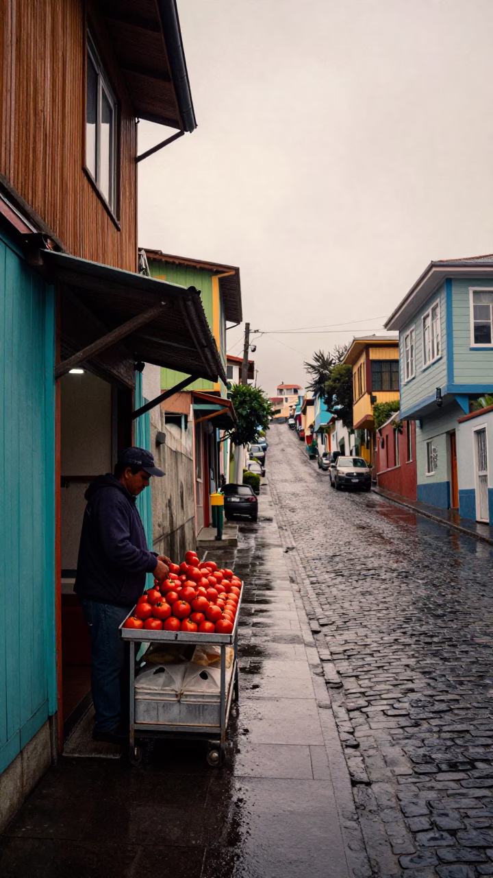 Rain washed streets of Valparaiso Chile morning light in in Valparaiso, Chile