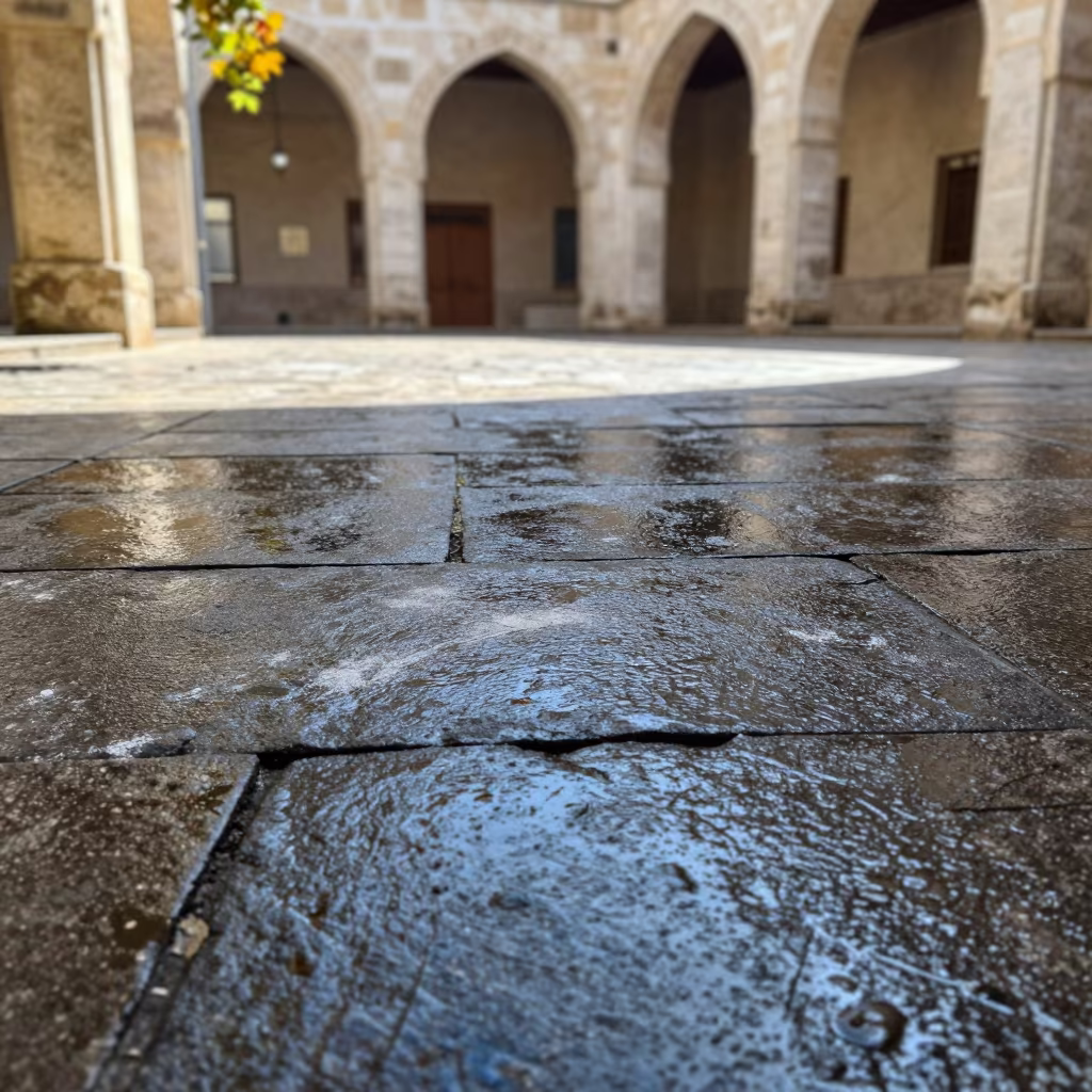 Rain Wet Flagstones Ramadi University Cloister Noon in beneath a university cloister in Ramadi