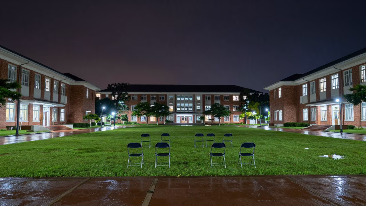 Rain Wet Graduation Lawn Night Sittwe Campus in on a graduation lawn under folding chairs in Sittwe