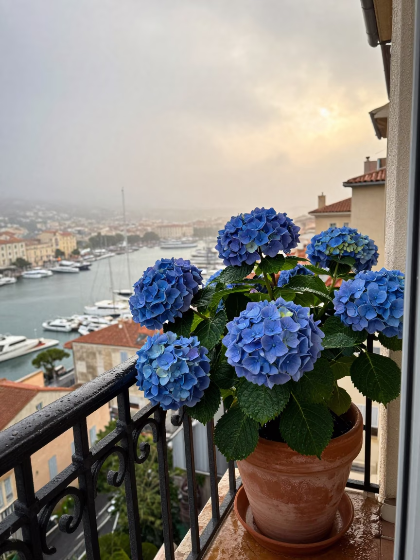 Rain wet Marseille balcony with hydrangeas and ceramic flowerpot at dawn in in Marseille, France
