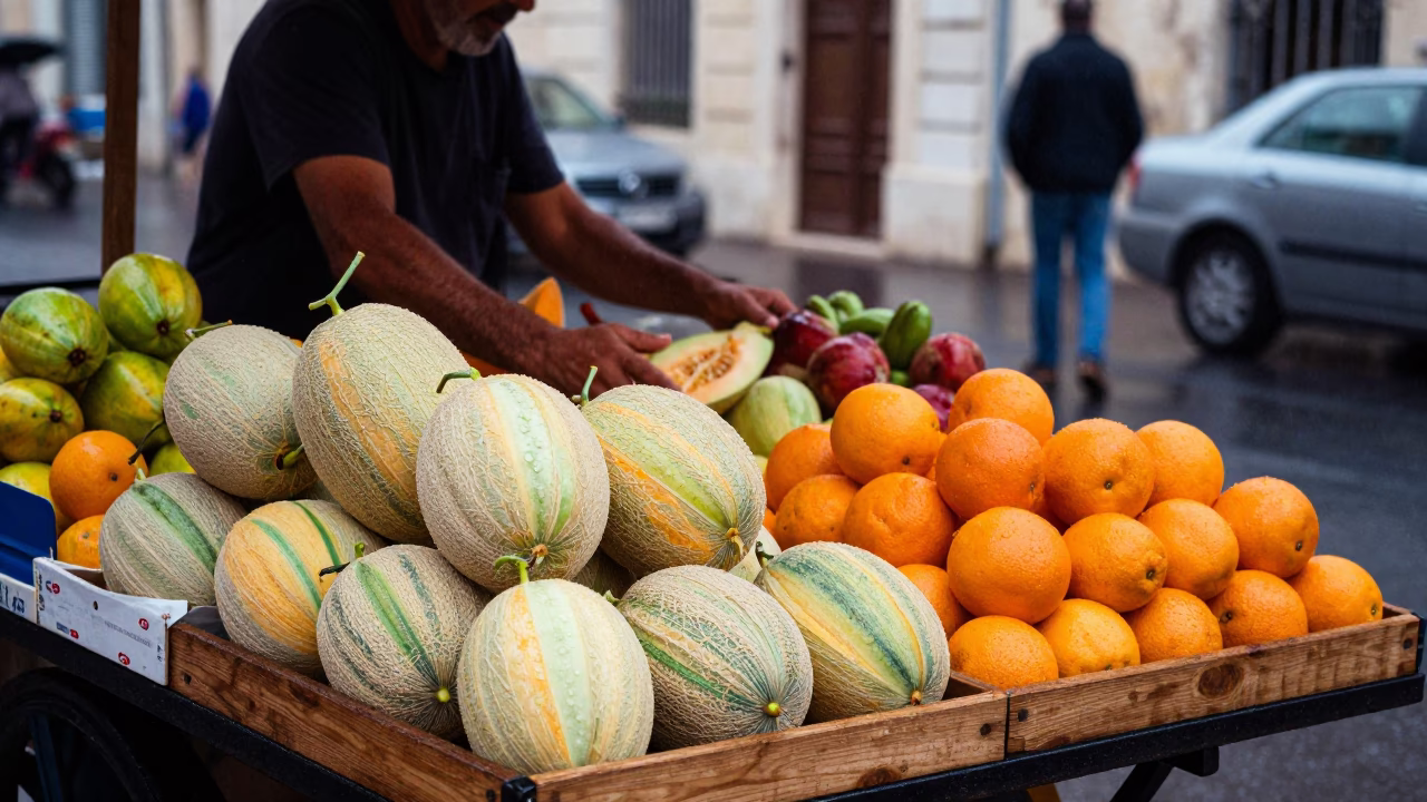 Rain wet Marseille street vendor with colorful fruit and water droplets in in Marseille, France