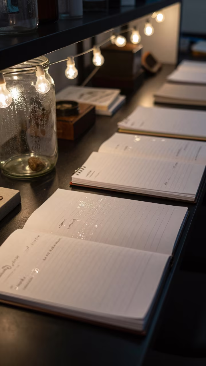 Rain Wet Notebooks Glow in Salem Fossil Lab in in a fossil prep lab in Salem