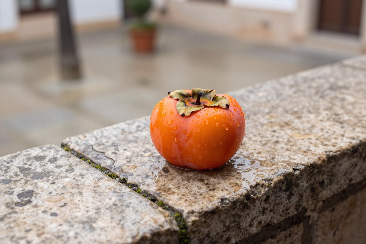 Rain-wet Persimmon in Madrid in in Madrid, Spain