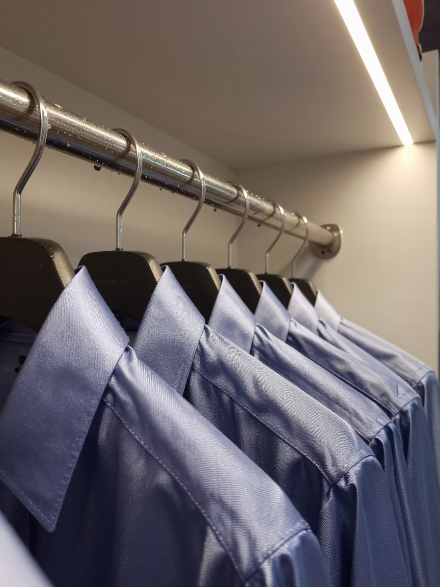 Rain-Wet Silk Shirt Rail Neon Light in inside a minimalist showroom in Belgaum