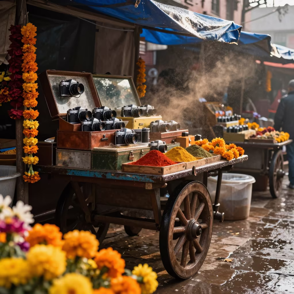 Rain-worn camera cart at Kathmandu flower market in at a market stall in Kathmandu