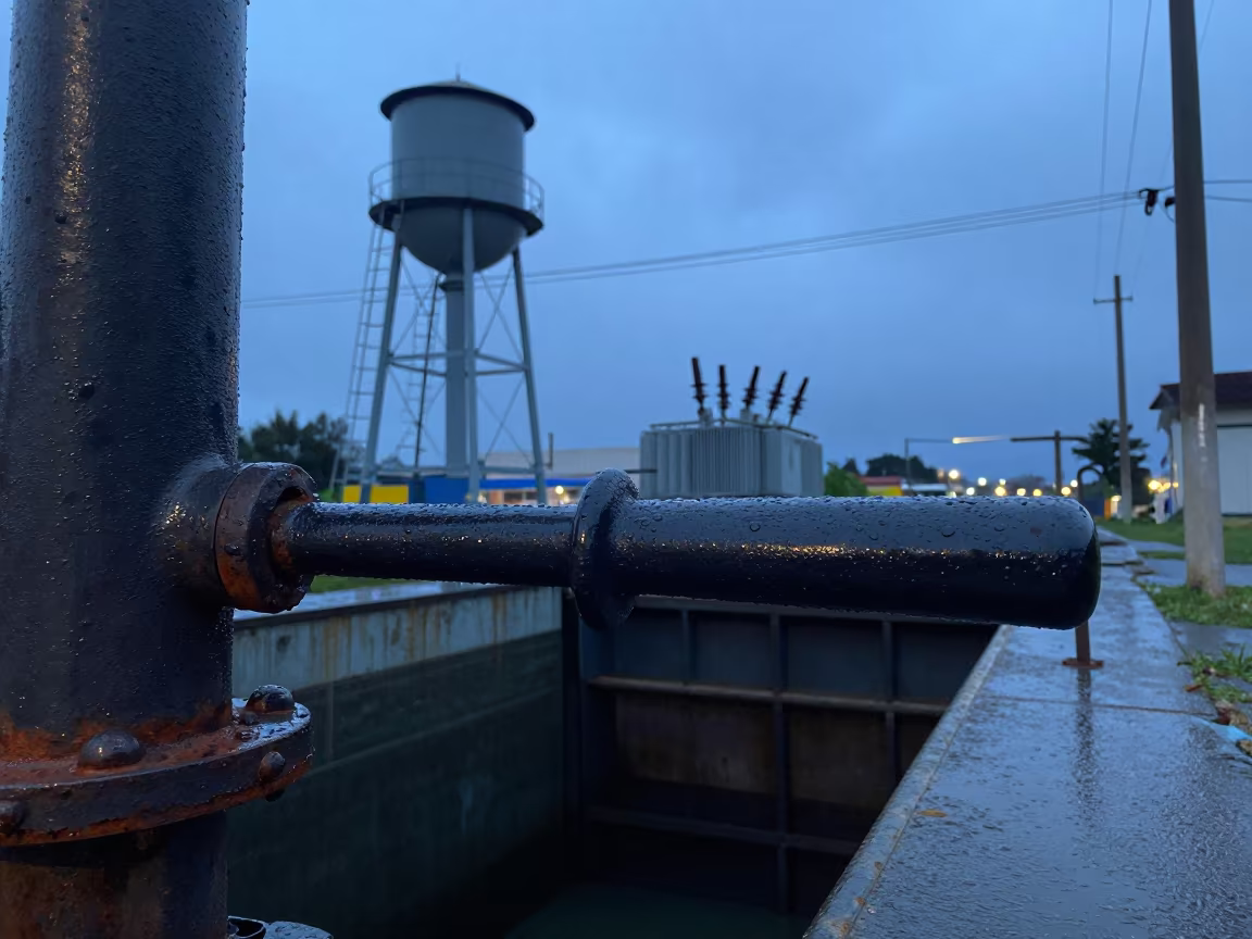 Rain-Worn Sluice Gate Handle in Chilean Twilight in beside a water tower ladder in Chile