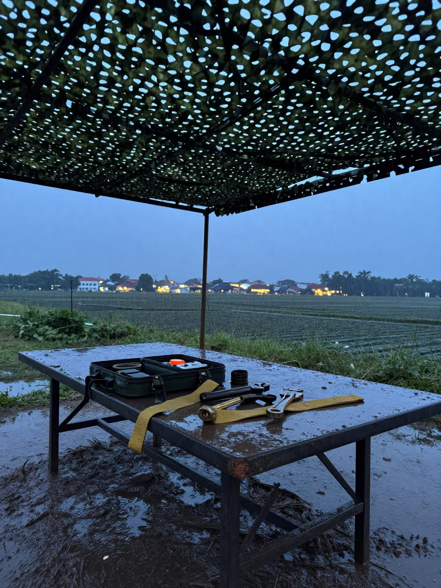 Rain-Worn Tent Repair Kit Table Under Camo Net in beneath a camouflage net shelter near Kuala Terengganu