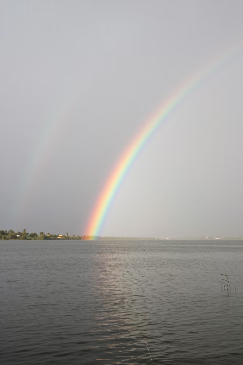 Rainbow Between Storm Cells Over Lake in through low marine fog near Mouassine, Marrakech