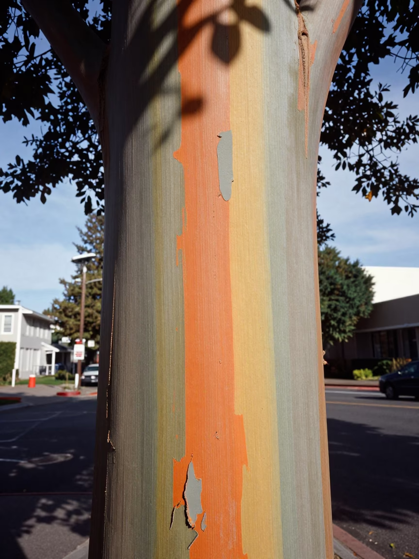 Rainbow eucalyptus bark detail in Portland Oregon under flat noon light in in Portland, Oregon, United States