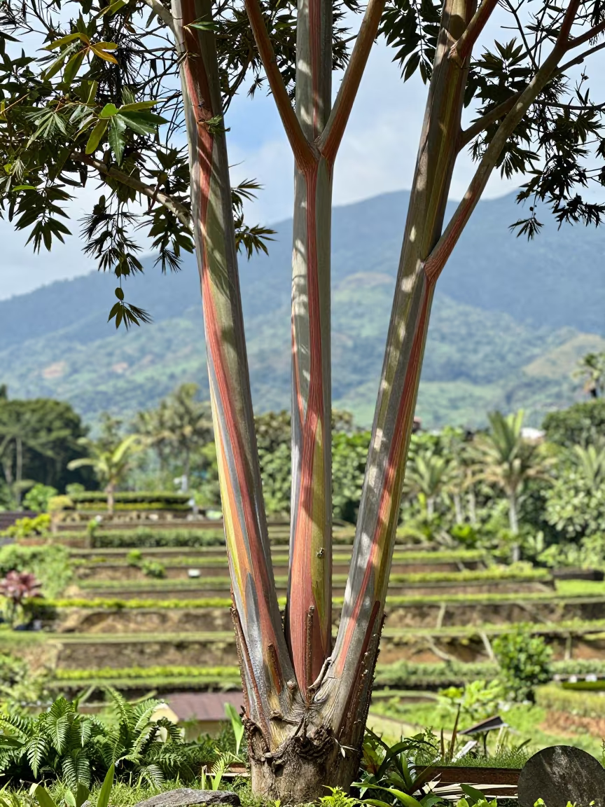 Rainbow Eucalyptus Bark in Wet Season Light in among terraced garden plots near Yogyakarta