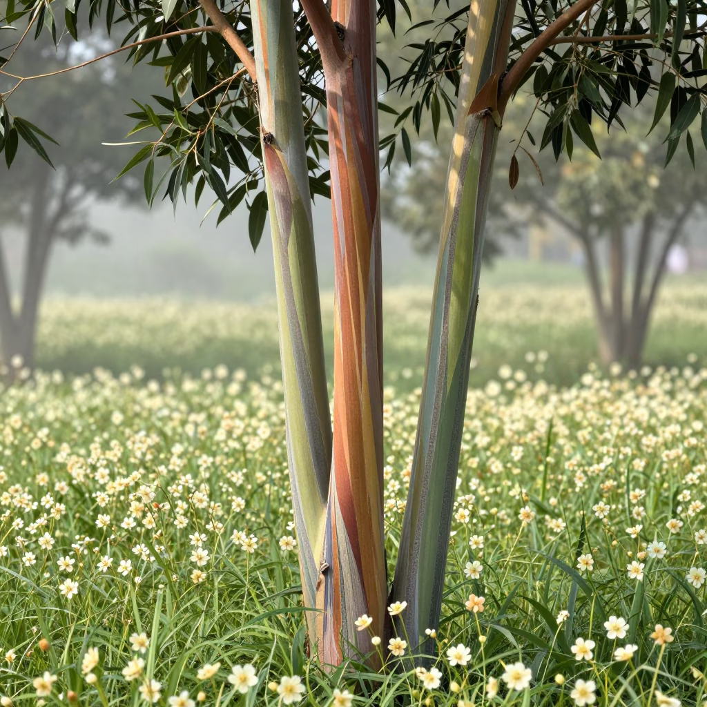 Rainbow Eucalyptus in Foggy Barinas Meadow in in a bloom-heavy meadow near Barinas