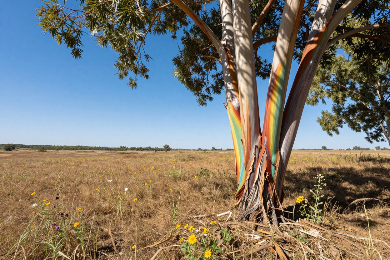 Rainbow Eucalyptus in Taiyuan Meadow Midday in in a bloom-heavy meadow near Taiyuan