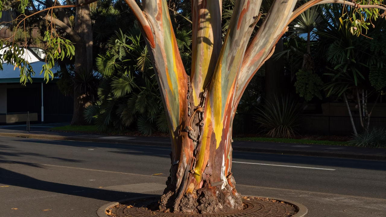 Rainbow Eucalyptus Tree Bark Colors in Hobart Tasmania Afternoon Light in in Hobart, Tasmania, Australia