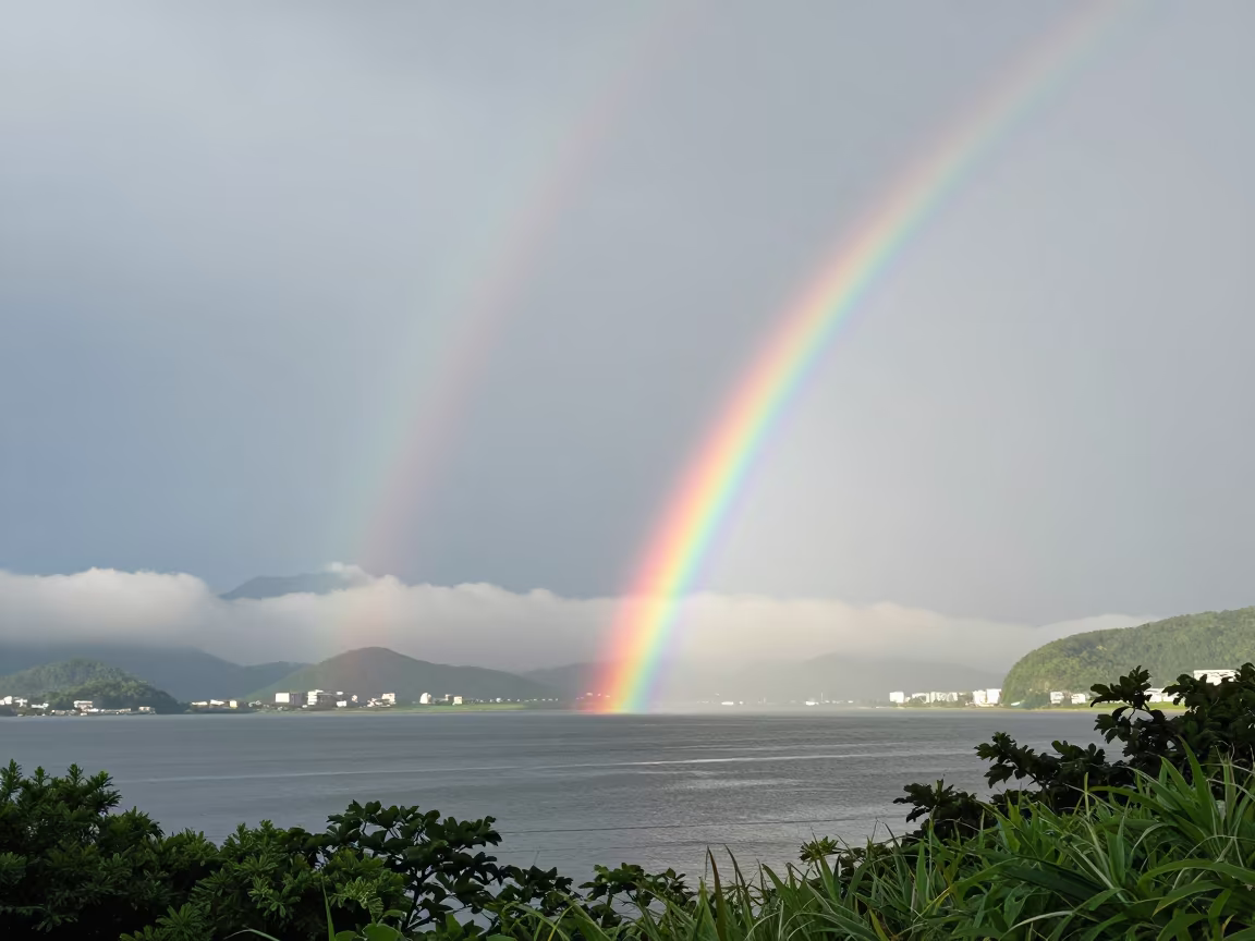 Rainbow Over Lake Between Storm Cells in Hiroshima Fog in through low marine fog near Hiroshima
