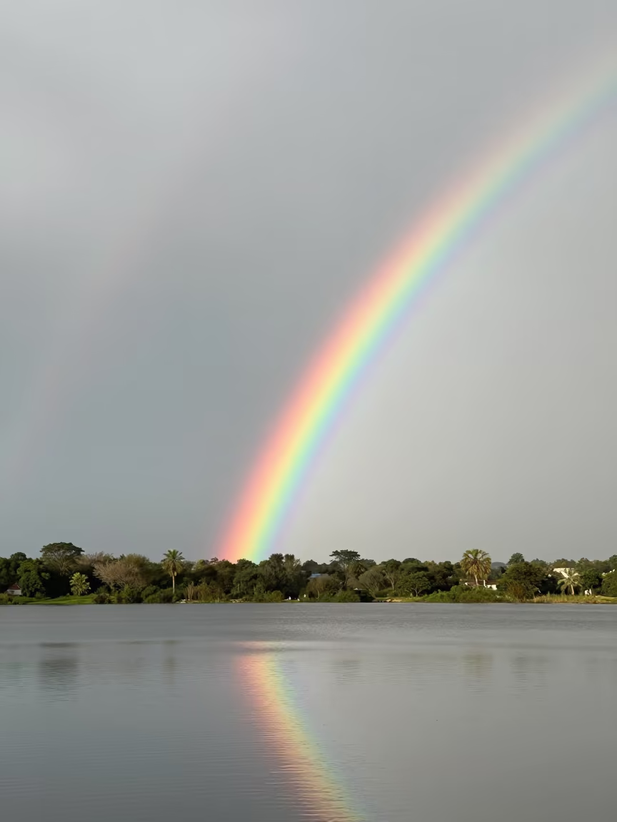 Rainbow Over Lake Between Storm Cells Winter in near Jaranwala