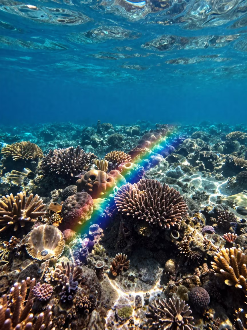 Rainbow Light Shaft on Cebu Reef Wall in along a coral wall with blue water beyond near Cebu