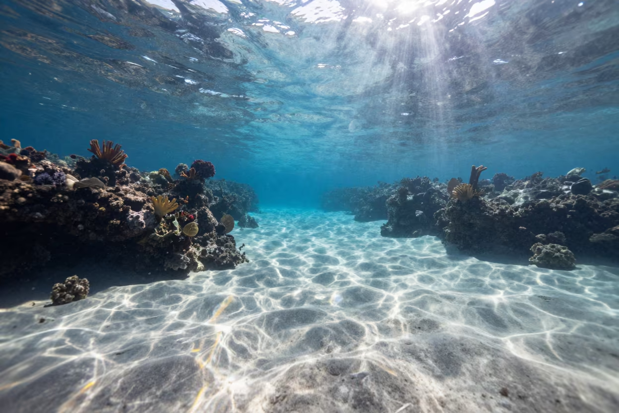 Rainbow Light Shafts Over Belize Reef in beside a reef crevice under clear water near Belize City