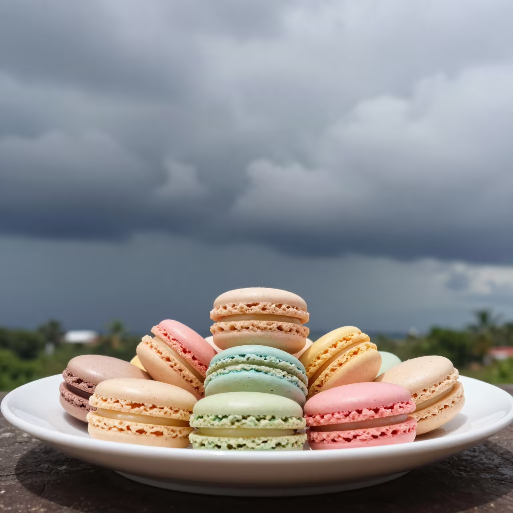 Rainbow Macarons Under Clouds in Equatorial Guinea in beneath fast-moving cloud bands in Equatorial Guinea