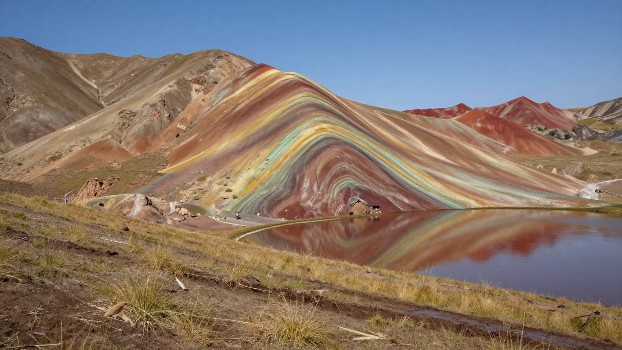 Rainbow Mountain Striations Reflecting on Storm Plain in across a storm-bright plain near Bishkek