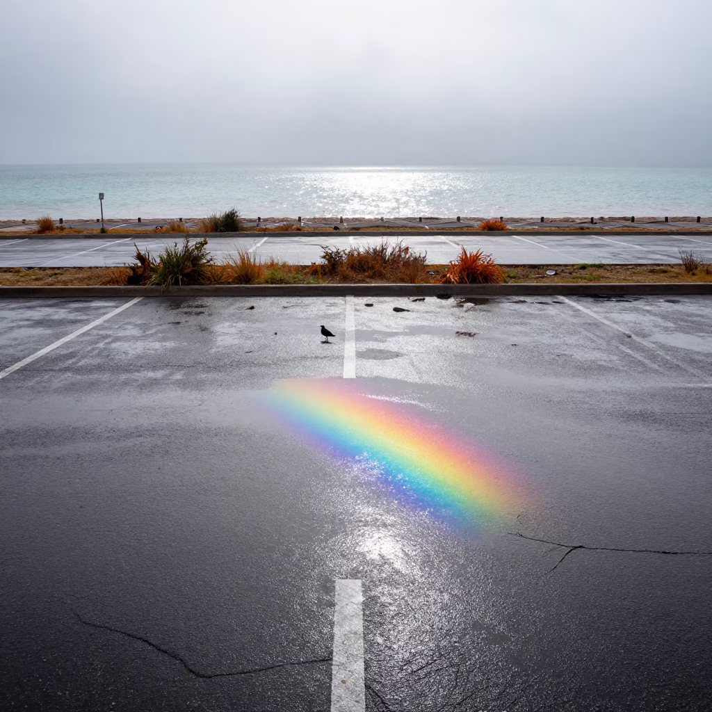 Rainbow Oil Slick on Dead Sea Puddle in through low marine fog in the Dead Sea