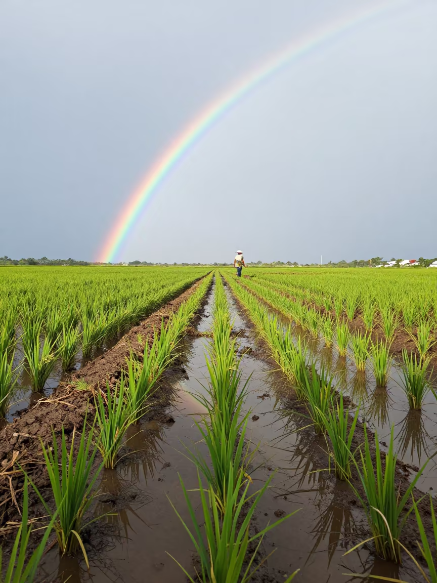 Rainbow Over Irrigated Rice Paddies Brazil in along freshly irrigated rows in Brazil