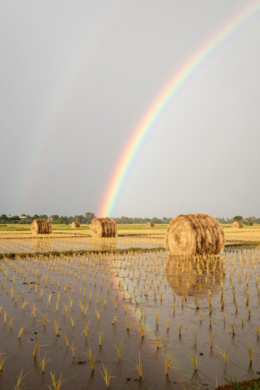 Rainbow Over Rice Paddy After Storm in Madagascar in beside stacked hay bales in Madagascar