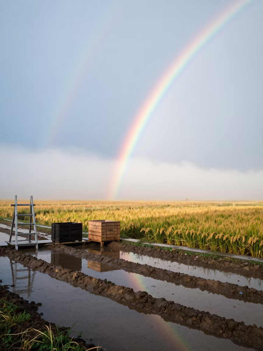 Rainbow Over Rice Paddy in Yunnan Fog in among orchard ladders and crates in Yunnan